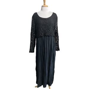 Karen Kane 90s Maxi Dress Womens 14 Black Lace Crush Pleat Whimsygoth Fairygoth